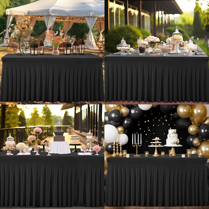 Shillance 2 Packs Black Spandex Table Covers 6 Foot, Fitted Stretch Table Cloth with Skirts 72x30 Inch, Wrinkle-Free Floor Length Rectangle Tablecloths for Trade Show Weddings Parties Banquets Events