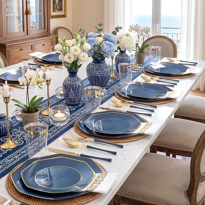 KIRE 140Pcs Blue Plastic Plates with Gold Rim - Gold Disposable Plastic Silverware with Blue Handle&Clear Cups&Hand Napkin - Geometric Party Plates for Passover/Party/Graduation