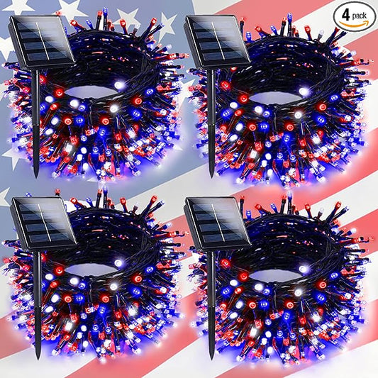 4th of July Decorations Outdoor, 4pk Red White and Blue Solar String Lights, 8 Modes 400LED 132FT Solar Fairy Twinkle Lights Waterproof for Independence Day Garden Tree 250 Anniversary USA Decoration
