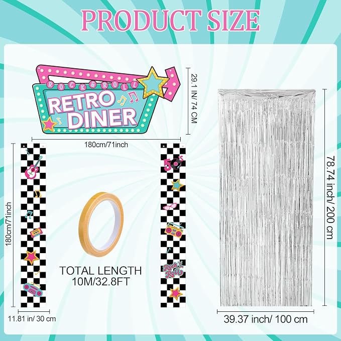 Peryiter 5 Pcs 1950s Party Decorations Rock and Roll Party Decorations Retro Diner Welcome Arch, Silver Foil Fringe Curtain and Double Sided Tape for 1950s Theme Backdrop