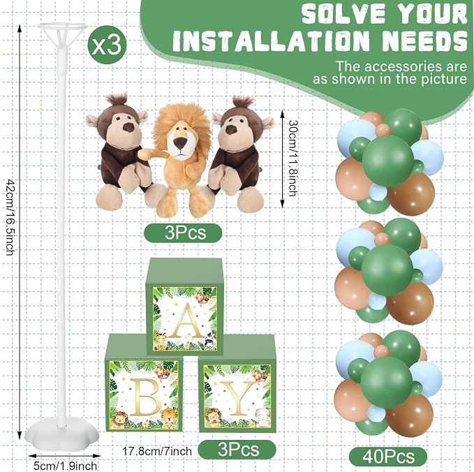 Lenwen 3 Sets Jungle Animal Decoration for Baby Shower Letter Boxes Baby Shower Table Centerpiece Stuffed Animals Balloon with Stand Plush Boxes for Party(Cute,Lion, Monkey)