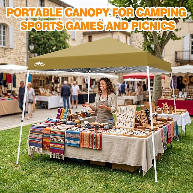 EAGLE PEAK 10x10 Slant Leg Pop-up Canopy Tent Easy One Person Setup Instant Outdoor Beach Canopy Folding Portable Sports Shelter 10x10 Base 8x8 Top (Beige)