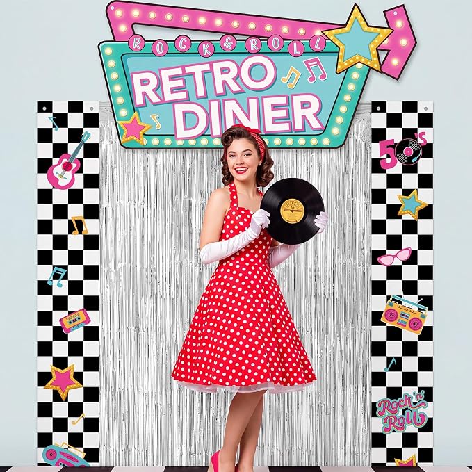 Peryiter 5 Pcs 1950s Party Decorations Rock and Roll Party Decorations Retro Diner Welcome Arch, Silver Foil Fringe Curtain and Double Sided Tape for 1950s Theme Backdrop