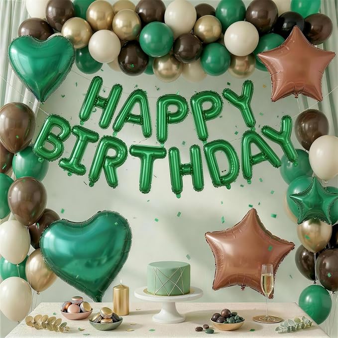 Green and Brown Birthday Decorations Dark Forest Green Safari Camo Army Brown Coffee Gold Sand Nude Balloons Happy Birthday Banner Heart Balloons 18/10 Inch Star Balloon for Boys Bday Party Supplies
