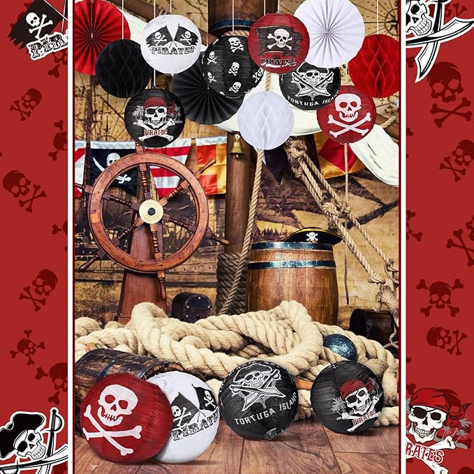 Baquler 18 Pcs Pirate Theme Party Decoration Pirate Skull Hanging Paper Lantern Fans Black Red Honeycomb Ball for Nautical Birthday Party Ornament Ceiling Decor Supplies
