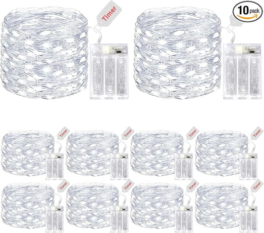 kolpop 10 Pack Fairy Lights Battery Operated with Timer, 50 LED Mini String Light Battery Powered, Cool White Tiny Christmas Lights for Indoor Wedding Party Decorations