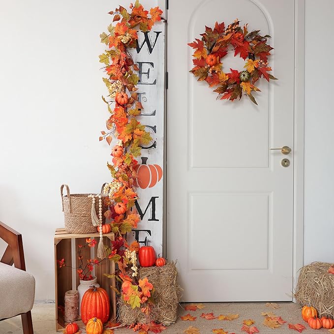 MIZII Fall Decor Artificial Maple Leaf Pumpkin Garland 6FT Fake Autumn Vines Garland Thanksgiving Halloween Harvest Decorations for Porch Mantle Table Centerpieces Fireplace Farmhouse (Yellow PK)