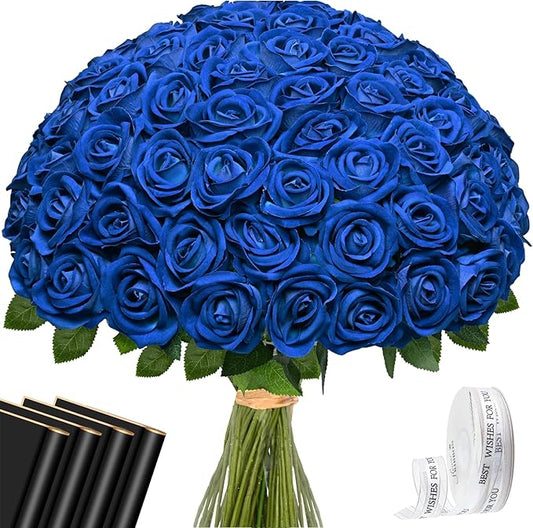 Waipfaru 50 Pcs Blue Roses, Fake Roses Artificial Velet Flowers for Valentines Mothers Day Wedding Centerpieces Decor (Royal Blue)