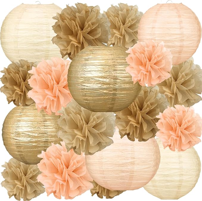 18pcs Champagne-Gold Paper Lanterns Decoration Gold White Hanging Décor Pom Poms Paper Flower Party Supply for Baby Shower Wedding Valentine Birthday Party