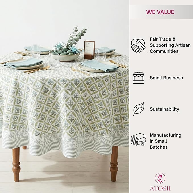 ATOSII Netta Green 100% Cotton Round Boho Fall Tablecloth, Handblock Floral Table Cloth Linen for Kitchen Dining I Parties Weddings Outdoors Picnics Easter Mothers Day I 90" Inches Round I 6-8 Seater