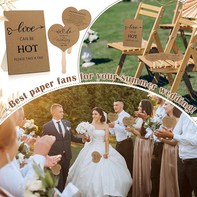 51 Pcs Wedding Fans for Guests Wedding Favor Paper Fans with Handle Bulk Table Sign for Ceremony Bridal Party Decoration(Brown,Classic)