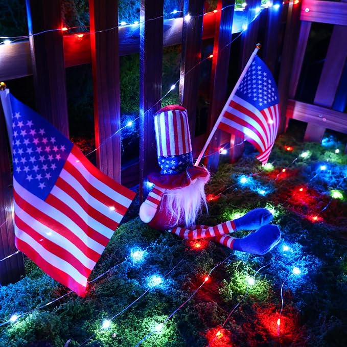 QITONG 4th of July Fairy Lights Battery Operated, 4 Pack Each 16ft 50 LED Patriotic Lights Outdoor Waterproof, Silver Wire Christmas Twinkle Mini Lights for Memorial Independence(Red White and Blue)