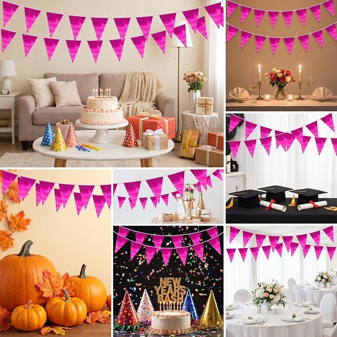 130FT Rose red Triangle Pennant Banner Flag Metallic Fabric Bunting Garland for Christmas Graduation Wedding Engagement Anniversary Bachelorette Birthday Bridal Shower Valentines Hen Party Supplies
