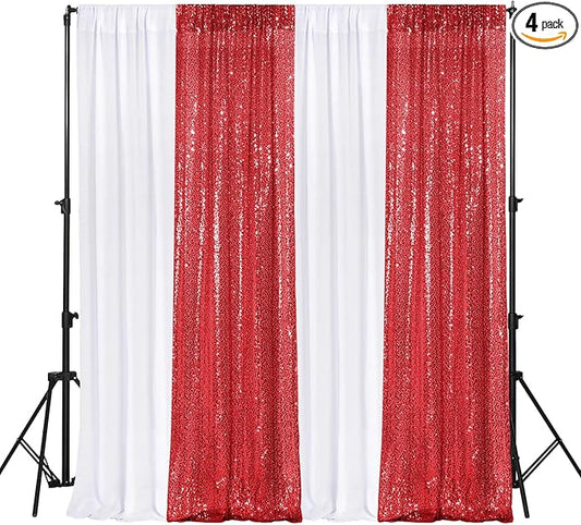 VitalCozy 4 Panels Backdrop Curtains 2 Pcs 4 x 10 ft Sequin Glitter 2 Pcs 7 x 10 ft Chiffon Photo Background Curtains for Graduation Wedding Birthday Party Decorations(White, Red)