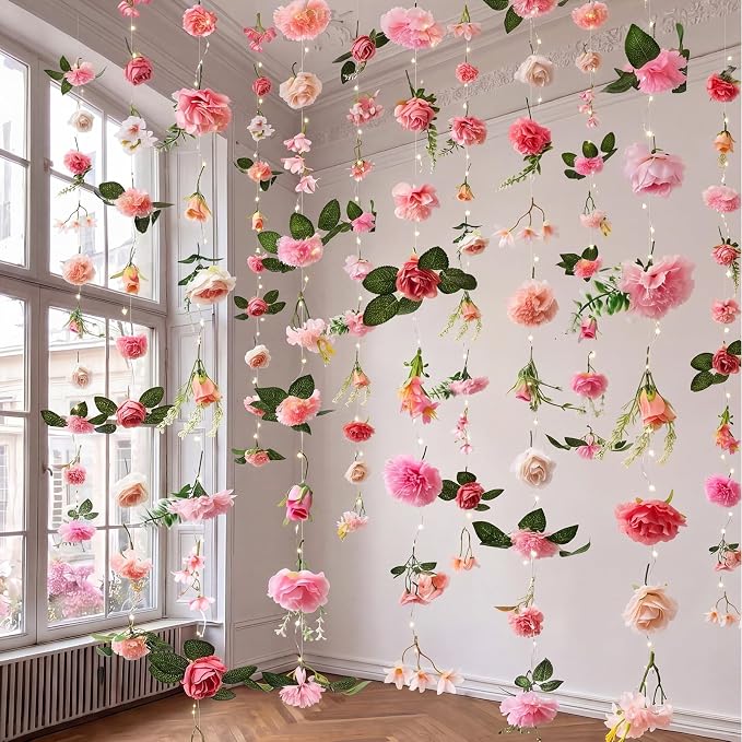 Suncalla 6 Pack 35.4ft Fake Flower Garland Backdrop with LED Lights Hanging Wildflower Floral Vine Decorations for Wedding Bridal Shower Birthday Baby Shower Party Backdrop(Bright,Pink)