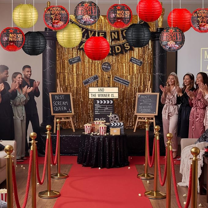 Panelee 12 Pcs Movie Night Party Decorations Theme Hanging Paper Lanterns with Popcorn Trophy Microphone Film Reel Lanterns Decorative for Movie Night Theater Home Carnival Birthday Party