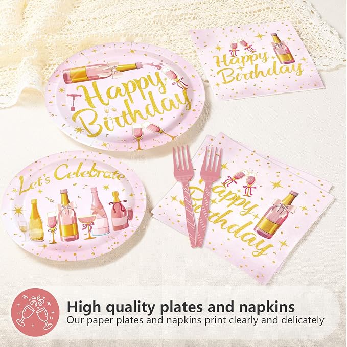 96Pcs Champagne Birthday Party Supplies Pink Rose Wine Theme Plates and Napkins Pink Rose Gold Glitter Beers Wine Tableware Set for Women 21 30 40 50 60 Years Birthday Party Supplies，Serves 24