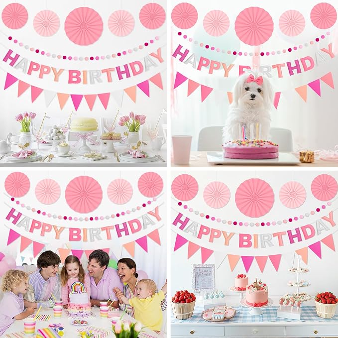 Pre-Strung Happy Birthday Banner, Reusable Felt Birthday Party Decorations, 3D Effect Happy Birthday Sign with Felt Ball Garland, Pennant Flag, Hanging Paper Fans for Men Women Boy Girls (Pink)