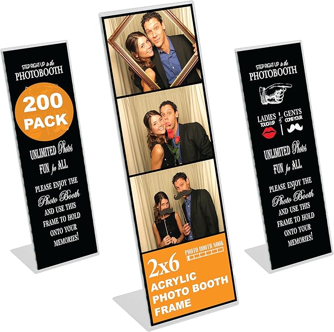 Photo Booth Nook | 2x6 Slanted Photo Booth Frames (200 Count) | Crystal Clear Acrylic Photo Booth Picture Frame with Black Inserts | Bulk