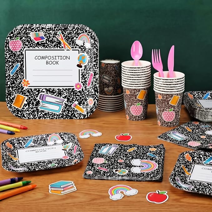 Qinyoung 400pcs/50sets Back to School Tableware Set, First Day of School Party Supplies Includes Disposable Composition Notebook Paper Plate Napkin Cup for Kindergarten Preschool Graduation, 50 Guests