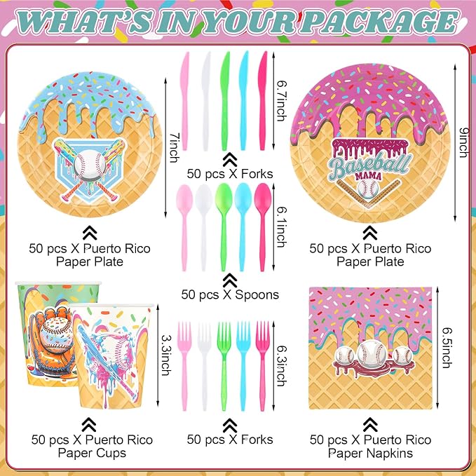 FoldTier 350 Pcs Baseball Ice Cream Dripping Birthday Party Decorations Set Ice Cream Paper Plates Napkins Fork Set Disposable Fairy Tableware Decorations Supplies for Baby Shower Dinner Serves 50
