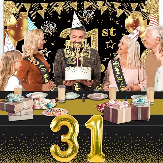 31st Birthday Decorations Men Women with 31st Birthday Banner, Black and Gold Table Cloth, Number Balloons, Large Sash, Cake Topper and Candles