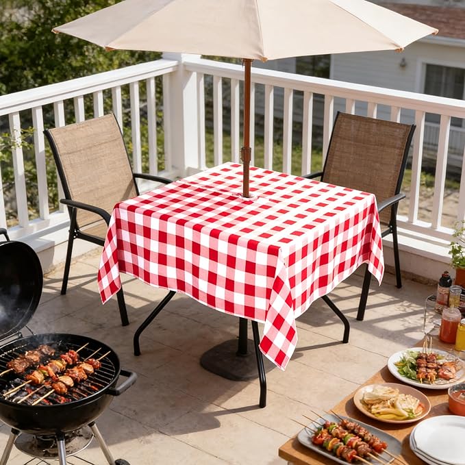 Poise3EHome Square Outdoor Tablecloth with Umbrella Hole and Zipper,Red Gingham 60x60 Inch,Polyester SpillProof Washable Table Cloth for Spring Summer Patio Garden Poolside Picnic Camping BBQS