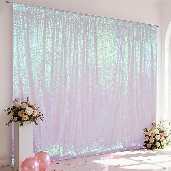 SquarePie 20x10ft Iridescent Sequin Backdrop for Photography, Satin-Backed Real Sequin Curtain, Enhanced Coverage Shimmering Background with 4" Rod Pocket for Wedding, Birthday, Party Decor, 1 Panel