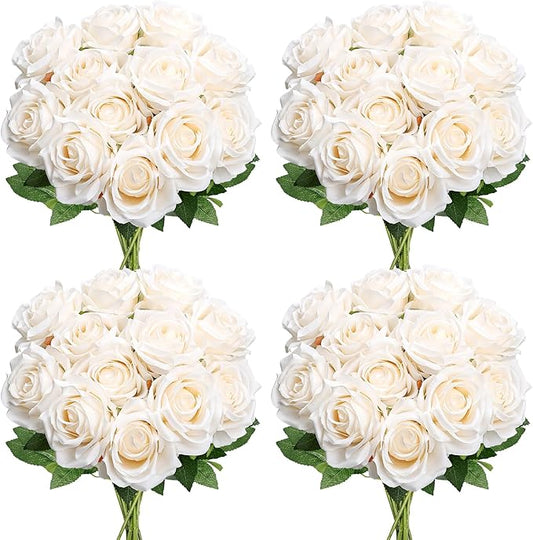 48 PCS Champagne Roses Artificial Flowers - Fake Silk Floral with Long Stems Bulk for Table Centerpieces DIY Bouquet Arrangements Wedding Party Bridal Shower Vase Decorations