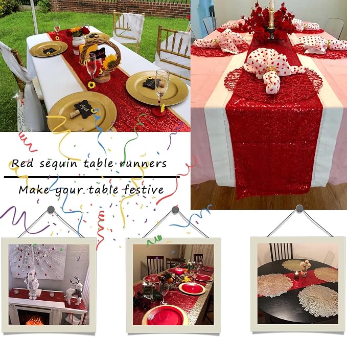 6 Pack Red Sequin Table Runner 12 x 108 Inch - High Density Sparkly Glitter Table Runners for Wedding, Birthday, Anniversary Banquet, Shimmering Red Party Decor