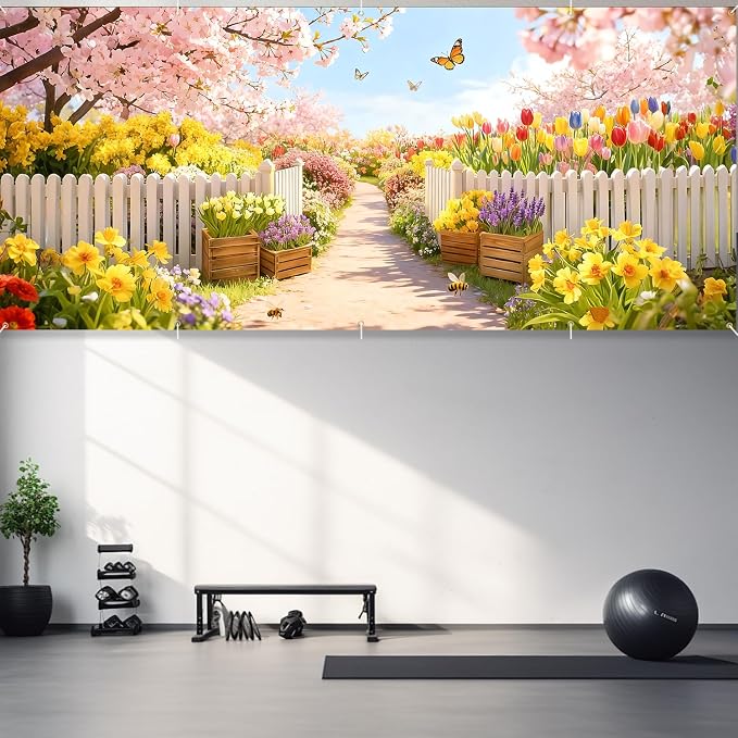 Garden Garage Door Banner Cover 7x16ft Waterproof -Cherry Blossom Floral Backdrop with Butterflies,Spring Easter Wedding Decor,Photo Booth Background