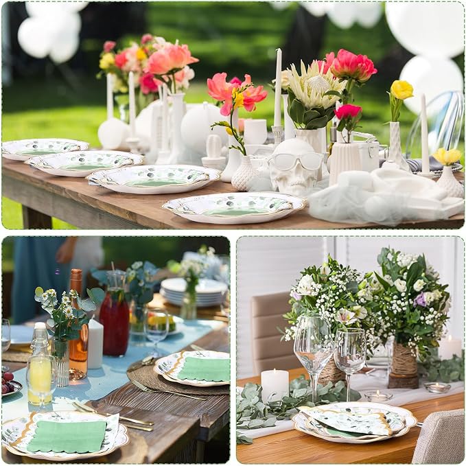 Funnymoom 200 Pcs Eucalyptus Party Supplies Kit Sage Green Disposable Paper Dinner Dessert Plates Luncheon Napkins and Beverage Napkins for Birthday Baby Shower Bridal Shower Wedding Party 50 Guests