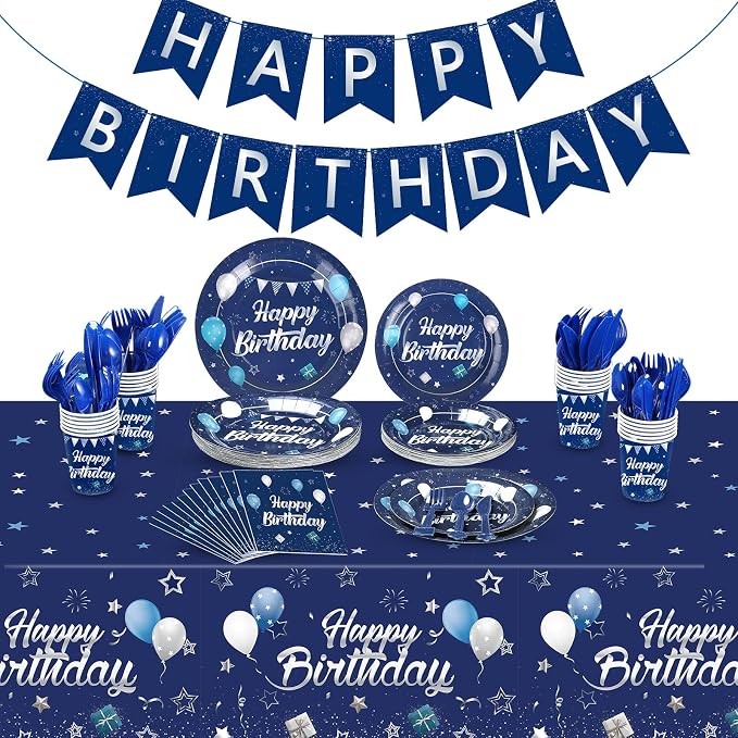 Pajean Blue and Silver Happy Birthday Party Tableware Set Navy Blue Birthday Decoration for Men Banner and Tablecloths Plates Cups Napkins Dinnerware for 24 Guests Party Supplies