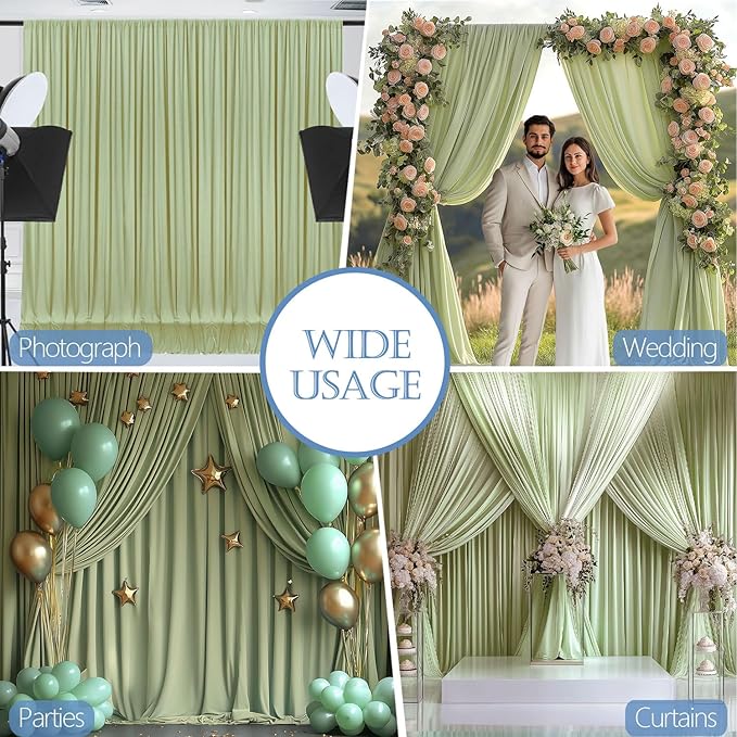 ESGOTBME 20x10ft Wrinkle Free Sage Green Backdrop Curtain for Parties Soft Fabric Drapes Wedding Curtain Backdrop for Birthday Party Decorations Background for Photography 5x10ft, 4 Panels