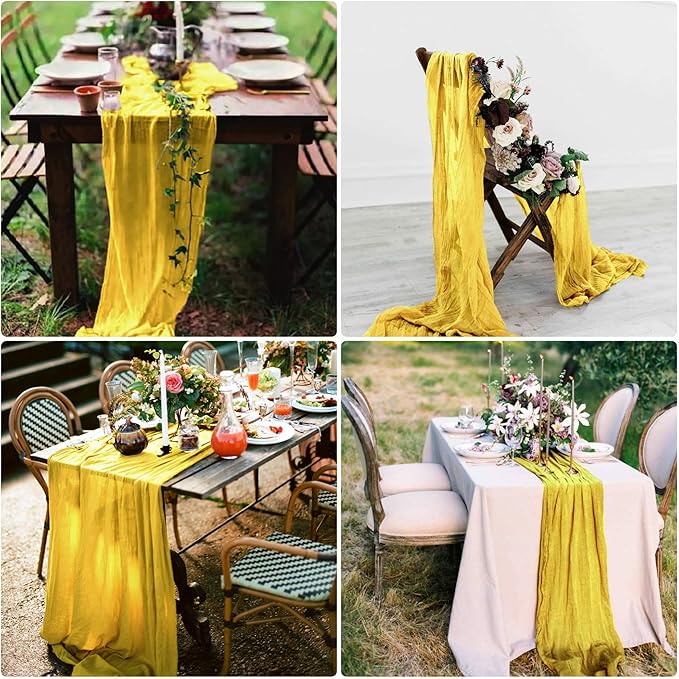 15 Pack Cheesecloth Table Runner 10Ft Gauze Cheese Cloth Table Runner 35 x120 Inch Boho Table Runners for Wedding Banquet Event Birthday Party Bridal Baby Shower Anniversary Summer Table Décor(Yellow)
