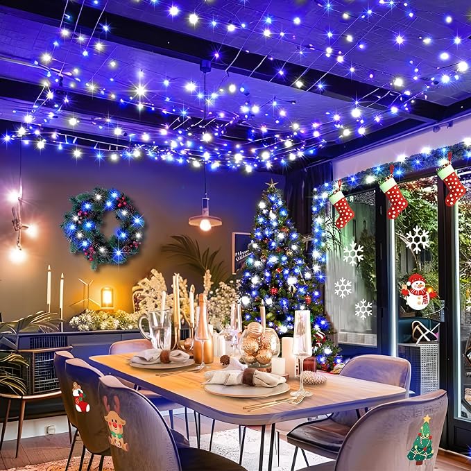 KNONEW Outdoor Christmas Lights 500 LED 197ft String Lights 8 Modes & Memory Fairy Light Plug in Waterproof LED String Lights for Xmas Yard Tree Wedding Party (Blue and White)