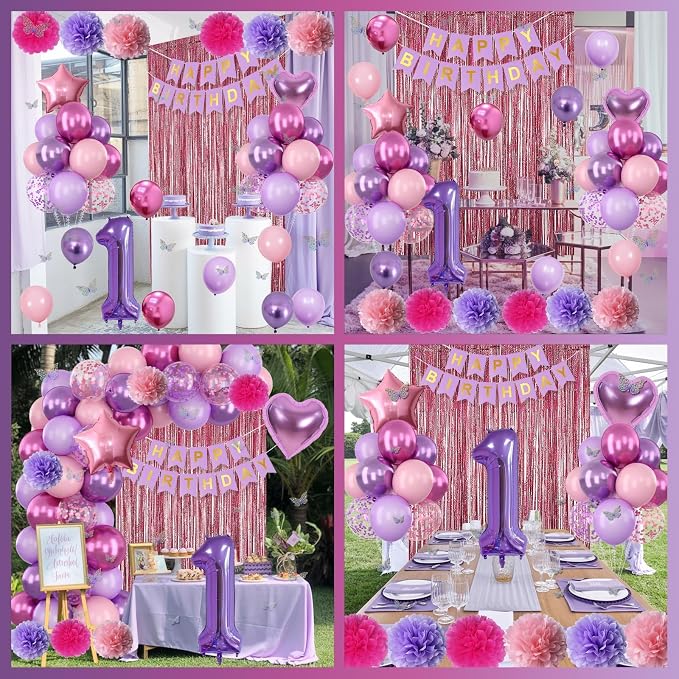Pink Purple 1st Birthday Party Decorations for Girls Number 1 Balloon Happy Birthday Banner Butterfly Stickers Fringe Curtain Paper Pom Poms Metallic Hot Pink Star Foil Balloons Baby 1 Year Old Decor