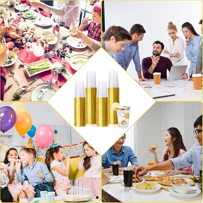Vplus 150 Pack 12 OZ Reusable Gold Rimmed Clear Plastic Cups, Disposable Heavy Duty Plastic Cups Perfect for Party Christmas Wedding