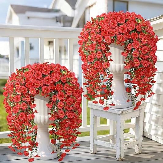 Artificial Hanging Flowers for Outdoors, 4 PCS 600 Blooms UV Resistant Morning Glory Faux Silk Vines, No-Odor Realistic Fake Plants for Garden Planter Porch Patio Decoration, Red