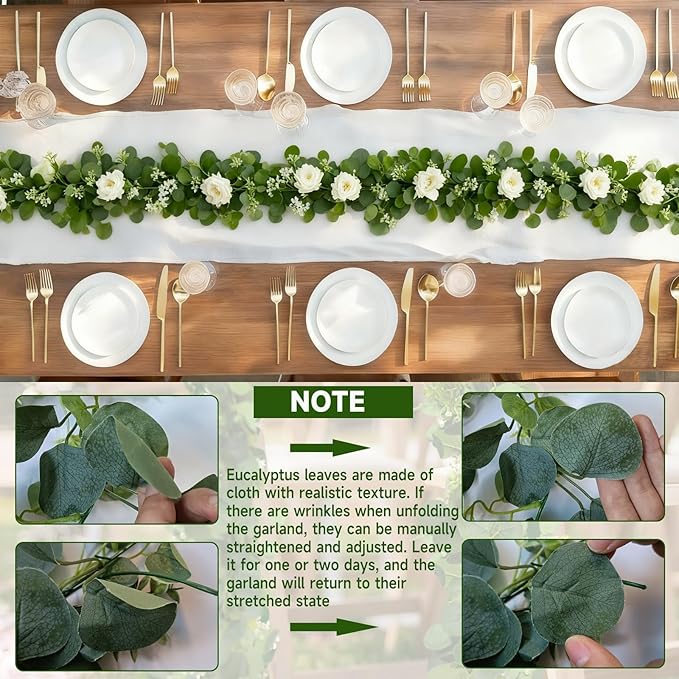 4 Packs 24FT Artificial Eucalyptus Flower Garland with White Camellias, Faux Greenery Garland Wedding Decor Fake Flower Rose Hanging Vine for Home Yard Table Party Decor