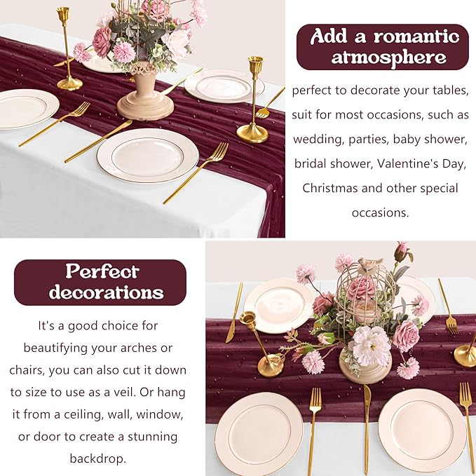 12 Pack 10FT Pearl Table Runner 30x120 Inch Burgundy Tulle Fabric Boho Rustic Sheer Table Runners Lace Table Cloth for Wedding Bridal Shower Birthday Party Arch Veil Dessert Table Decor (Burgundy)