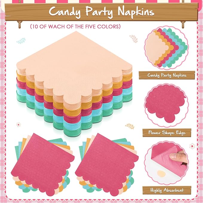 Zhehao 150 Pcs Colorful Plates and Napkins Tableware Serves 50 Includes 9 Inch 7 Inch Candy Color Scalloped Paper Plate and Napkins for Wedding Birthday Baby Shower Party