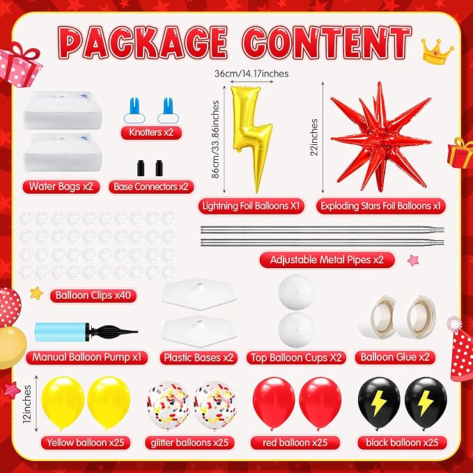 Kasyat 2 Set Cartoon Theme Balloon Column Stand Kit with Lightning Explosion Star Foil Balloons Black Red Yellow Arch Garland Kit for Cartoon Baby Shower Birthday Party Supplies