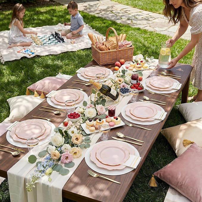WDF 175Pcs Pink Plastic Plates - Pink and Gold Plates Disposable 25guest Plastic Dinnerware Ideal for Bridal Shower/Wedding/Baby Shower/Spring Party