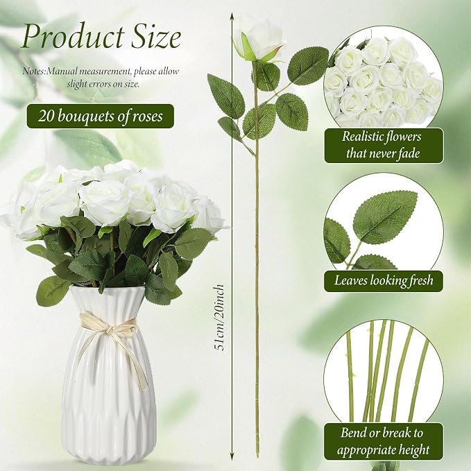 Hotop 20 Pcs Artificial Rose Flowers with Long Stem, Real Lifelike Silk Realistic Plastic Bouquet Roses Bulk for Home Decor Bridal Wedding Party Table Centerpieces Decorations(White)