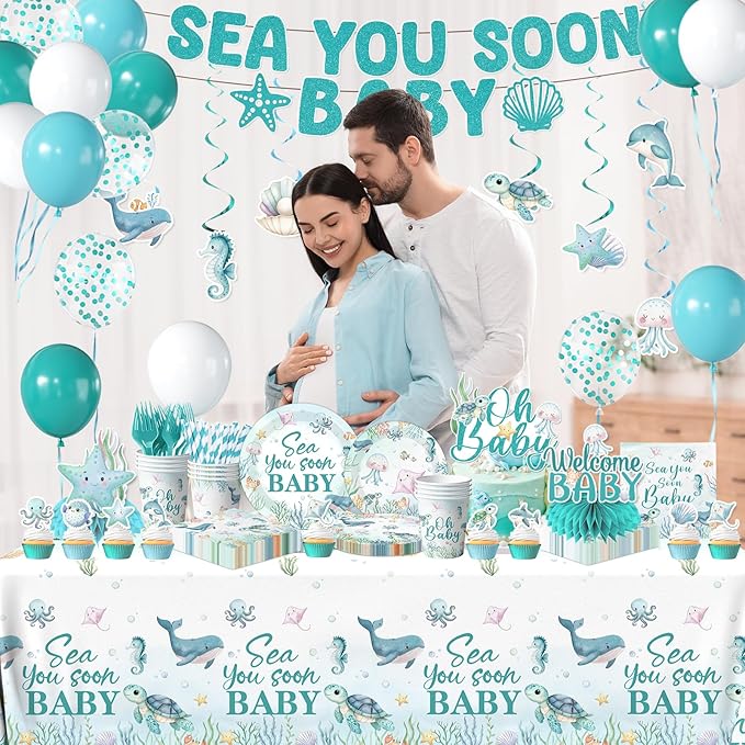 Sea You Soon Baby Shower Decorations Under The Sea Baby Shower Party Supplies Ocean Sea Animal Disposable Plates Napkins,Tablecloth,Cups,Balloon,Fork,Cake Toppers for Sea You Soon Theme Decor,Serve 24