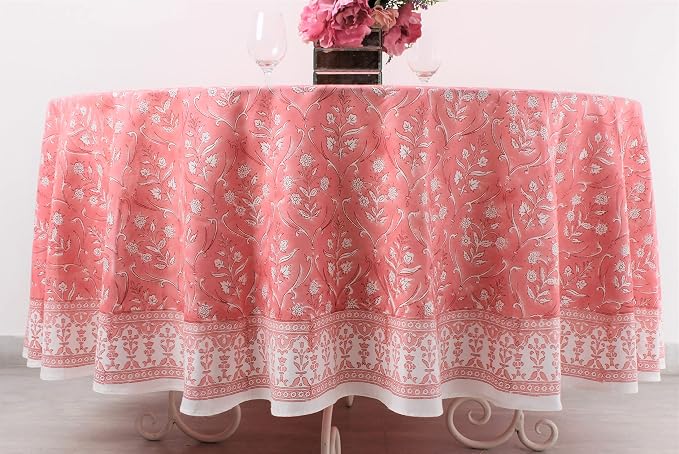 Ridhi Round Tablecloth Hand Block Print 100% Cotton Reusable Sweet Pink 60 Inch Table Cover Decorative Everyday Use for Dining, Home, Party, Wedding, Farmhouse, Party Gift for Spring, Mother's Day
