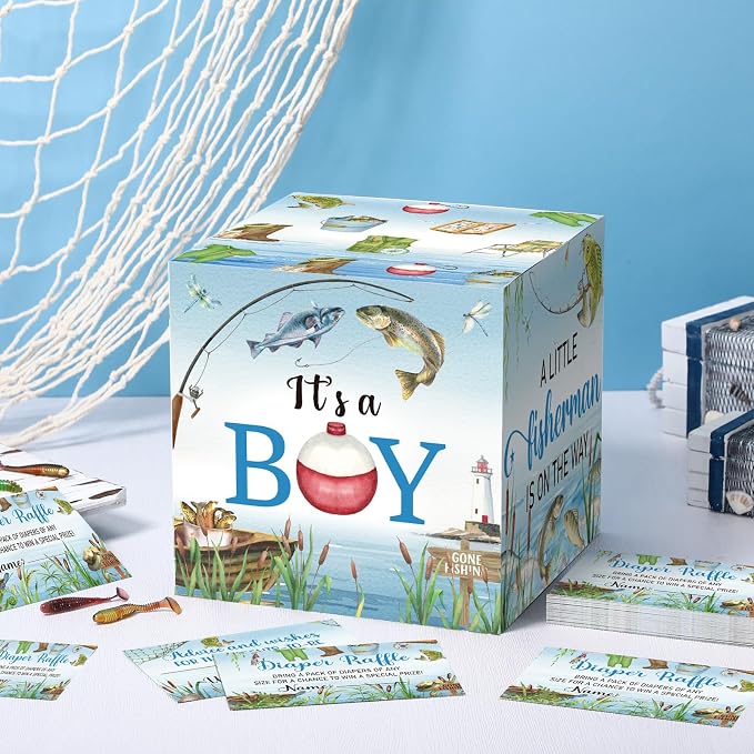 Teling 51 Pieces A Little Fisherman is on the Way Diaper Raffle Tickets with Card Box Baby Shower Decorations Gender Reveal Holder Box for Girl Boy Diaper Raffle Party