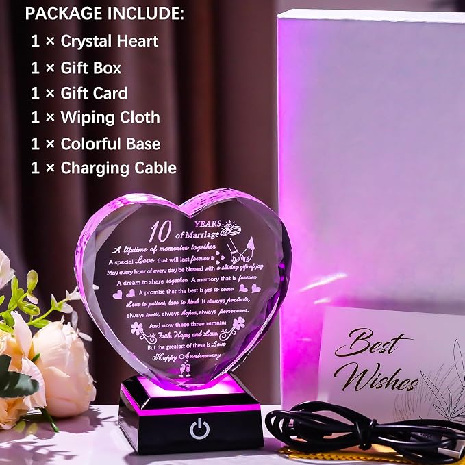 10th Wedding Anniversary Crystal Gifts for Couples with Colorful LED Base, 10th Anniversary Keepsake Gifts for Her Him, Romantic 10 Years of Marriage Heart Gift for Wife Husband