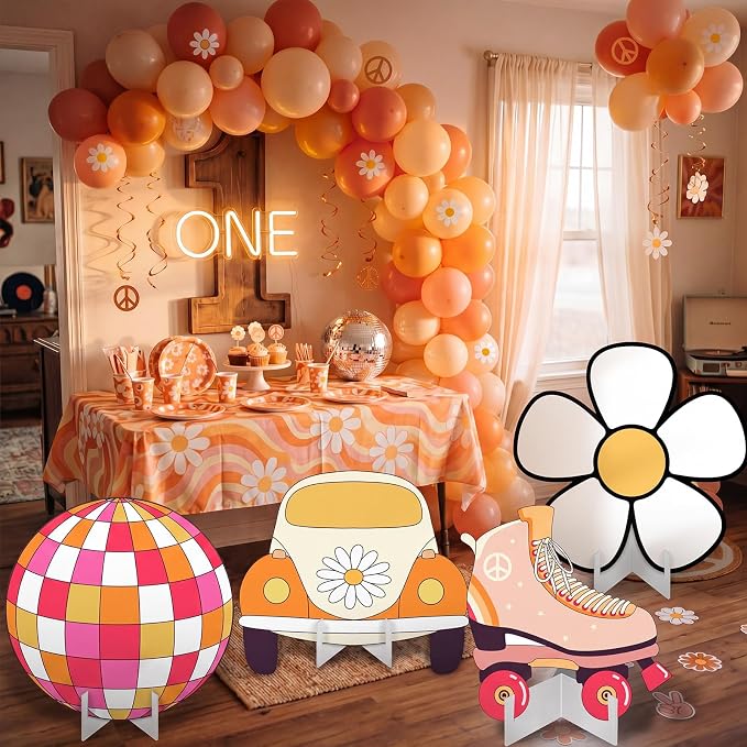 Honoson 4 Pcs 20" x 30" Large Groovy Cardboard Cutouts, Retro Hippie Photo Booth Props Birthday Party Decorations Yard Signs Bus Daisy Backdrop Lawn Decor for 60s 70s Party Supplies